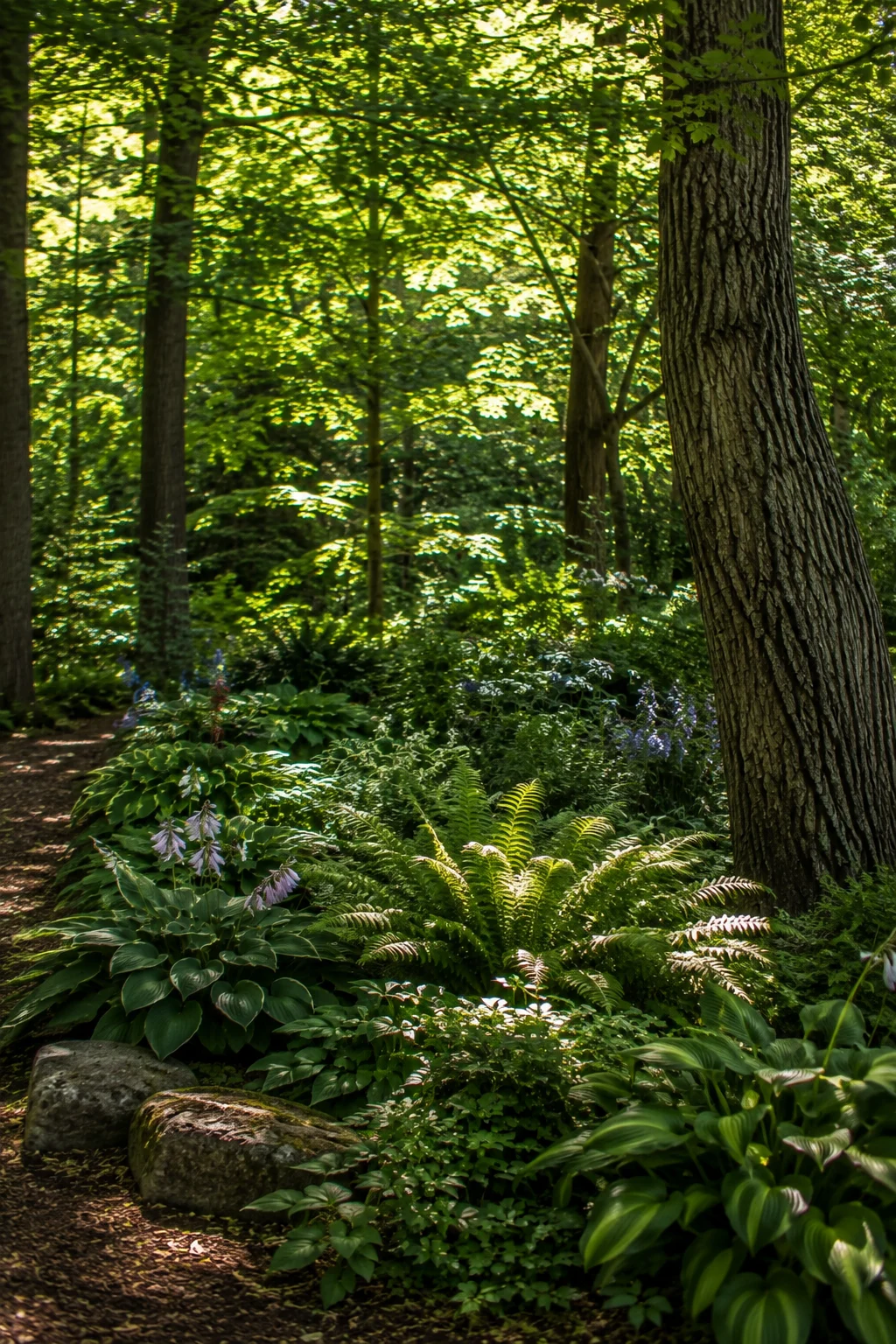 canopy trees woodland garden idea