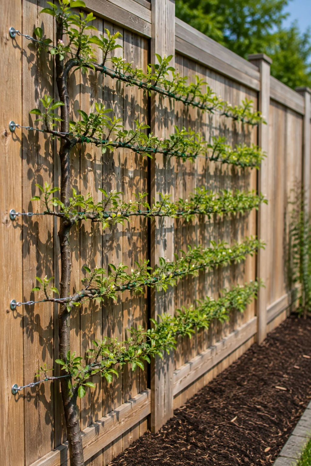 Espaliered apple tree trained flat against a backyard fence