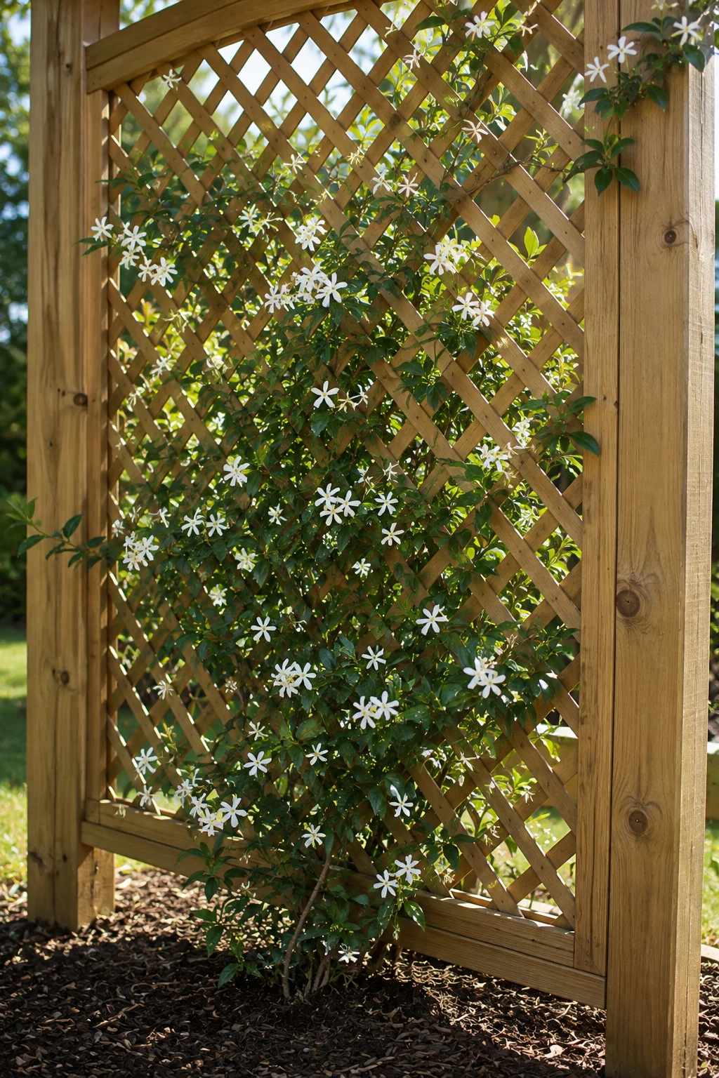 Lattice privacy panel with climbing jasmine vine in a backyard retreat
