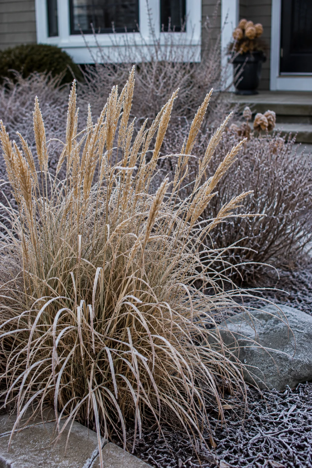 Ornamental grass left standing for winter interest in a front yard