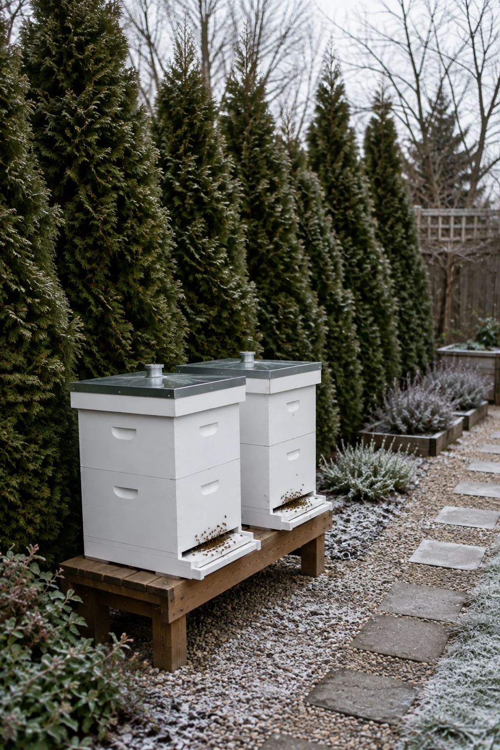 Evergreen shrub windbreak planted behind backyard beehives