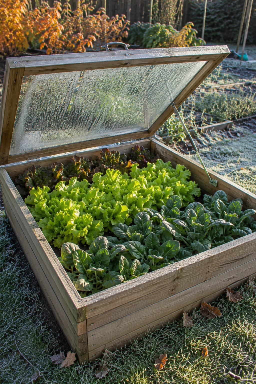 Cold frame protecting fall greens in a backyard garden
