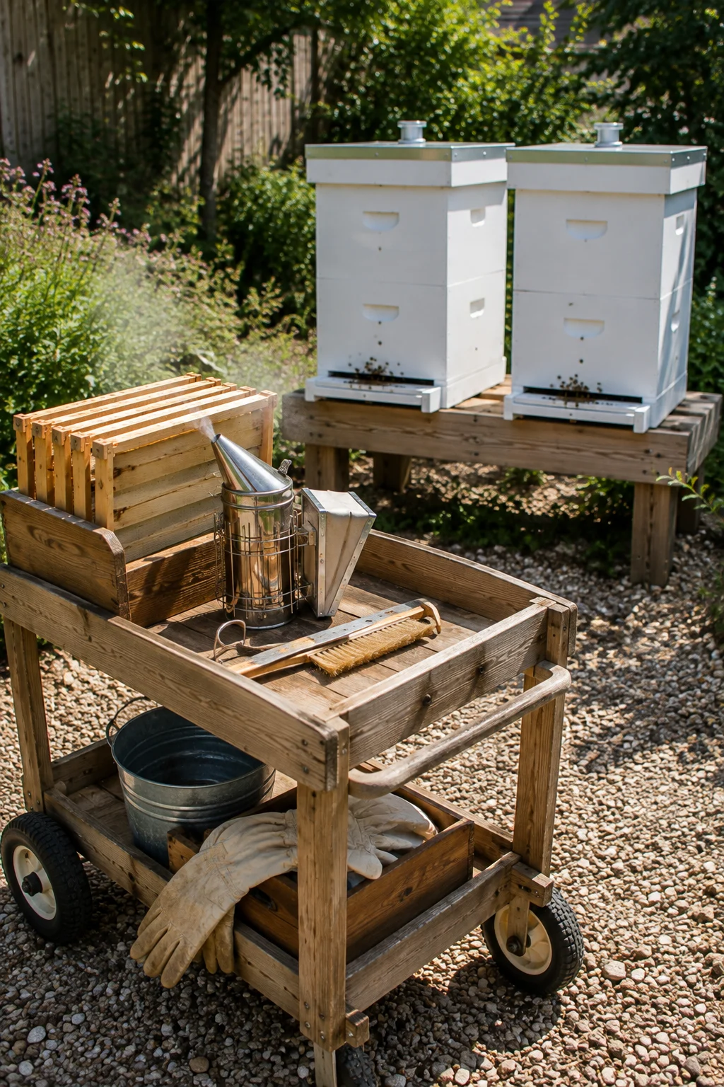 Rain roof structure built over a row of backyard beehives