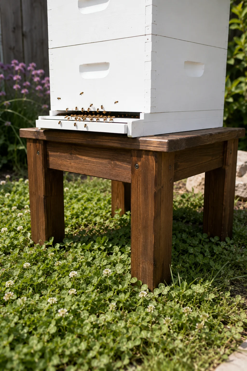 Elevated wood hive stand designed as a backyard garden feature
