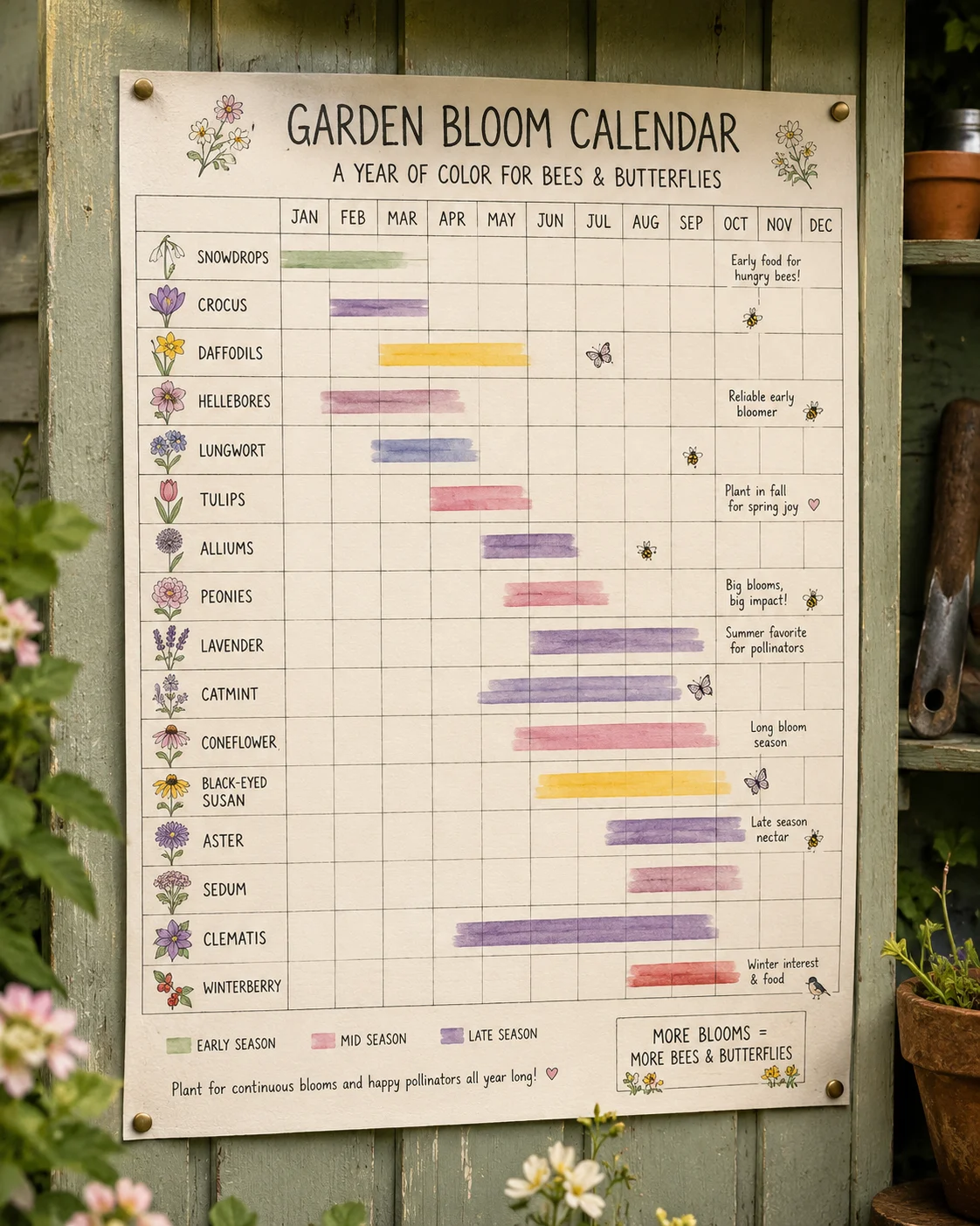seasonal bloom calendar for pollinator garden planning