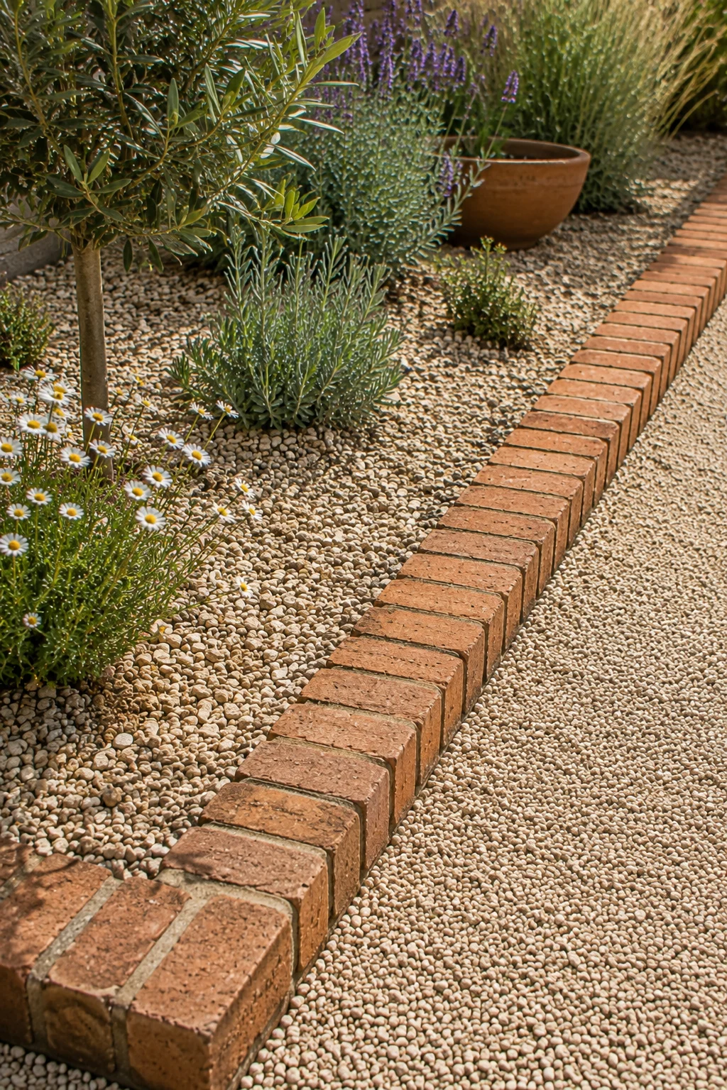 brick border gravel garden bed idea