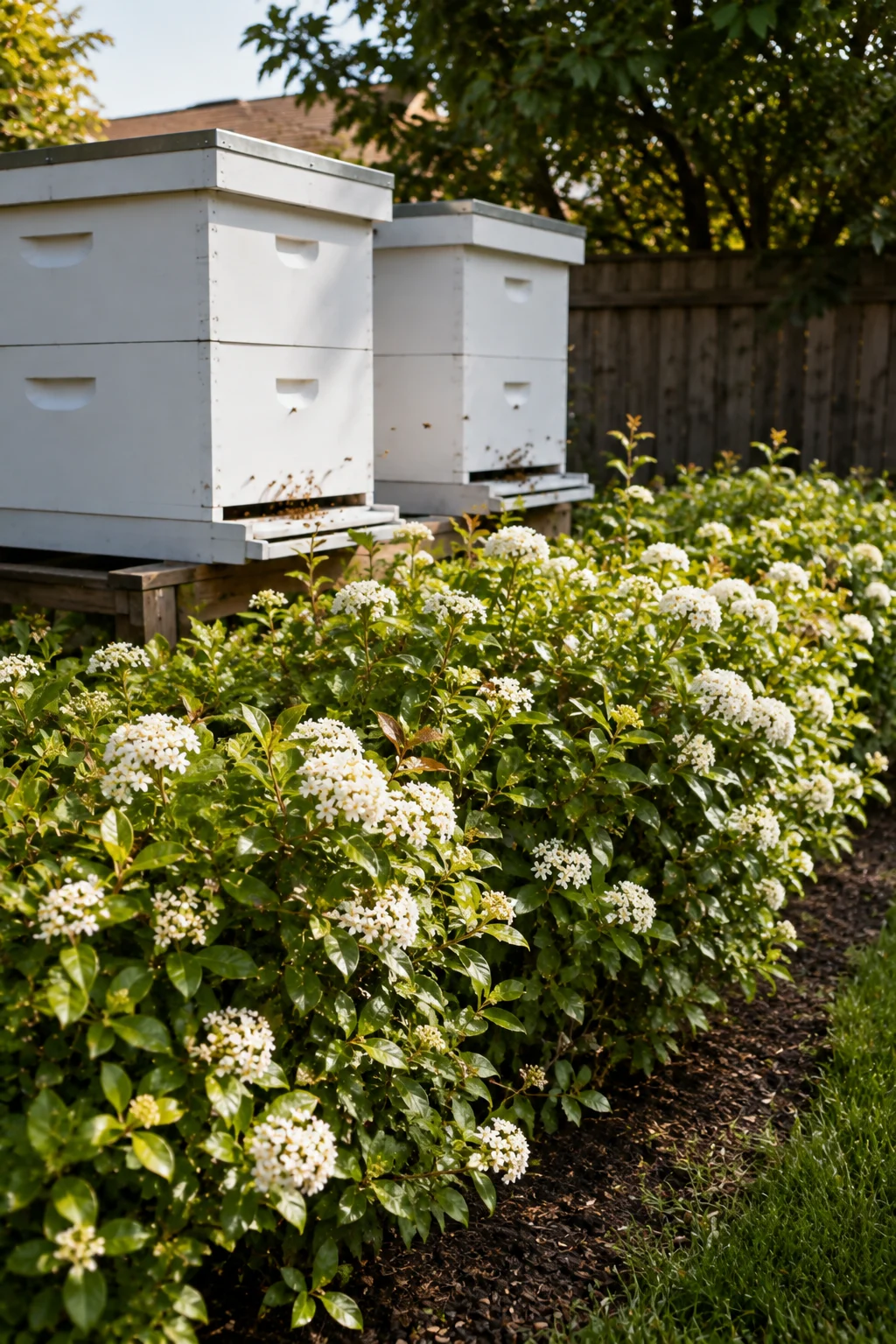 Flowering hedge planted as a bee flight path screen in front of hives