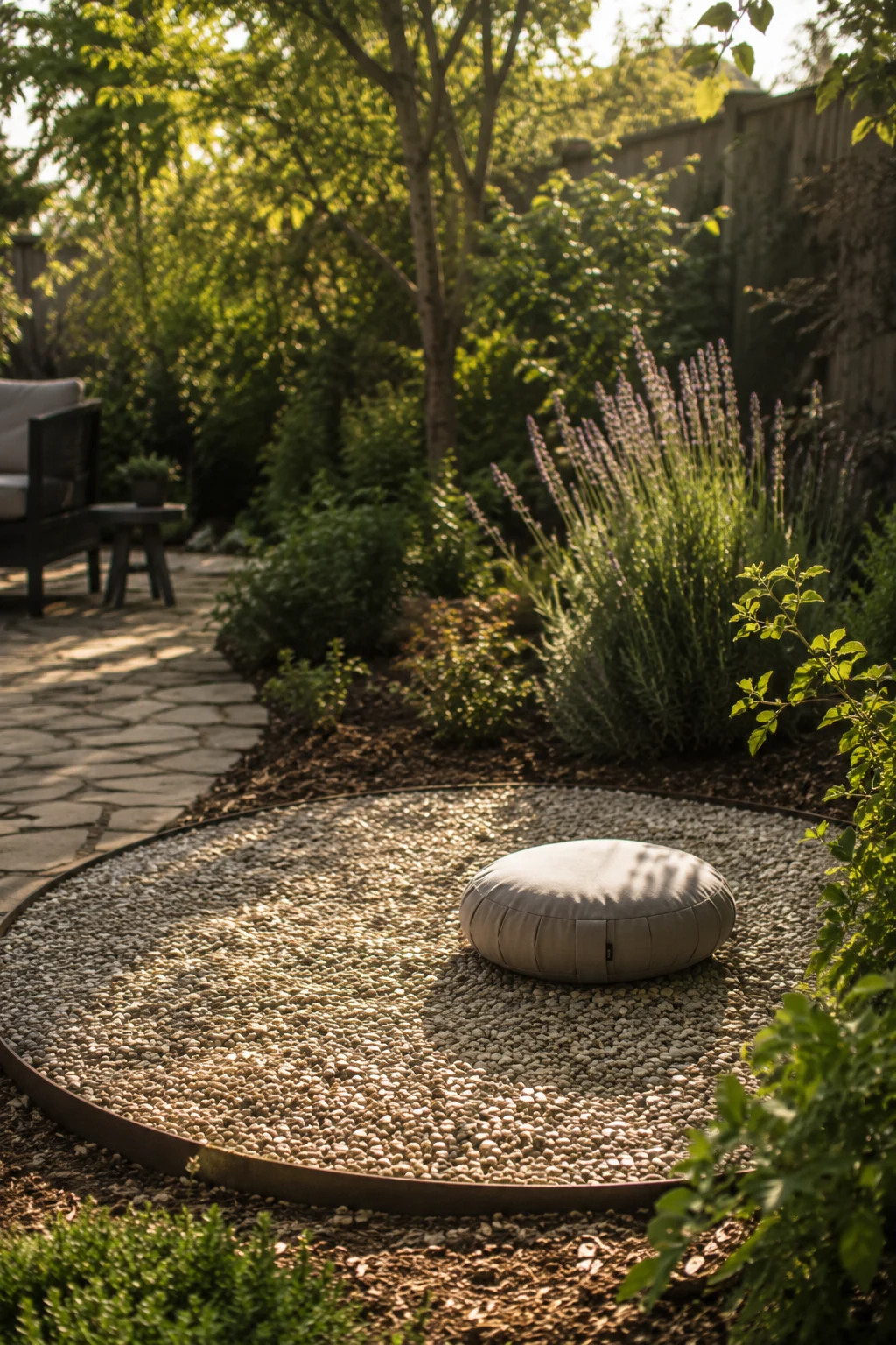 Gravel meditation pad in a quiet backyard retreat corner