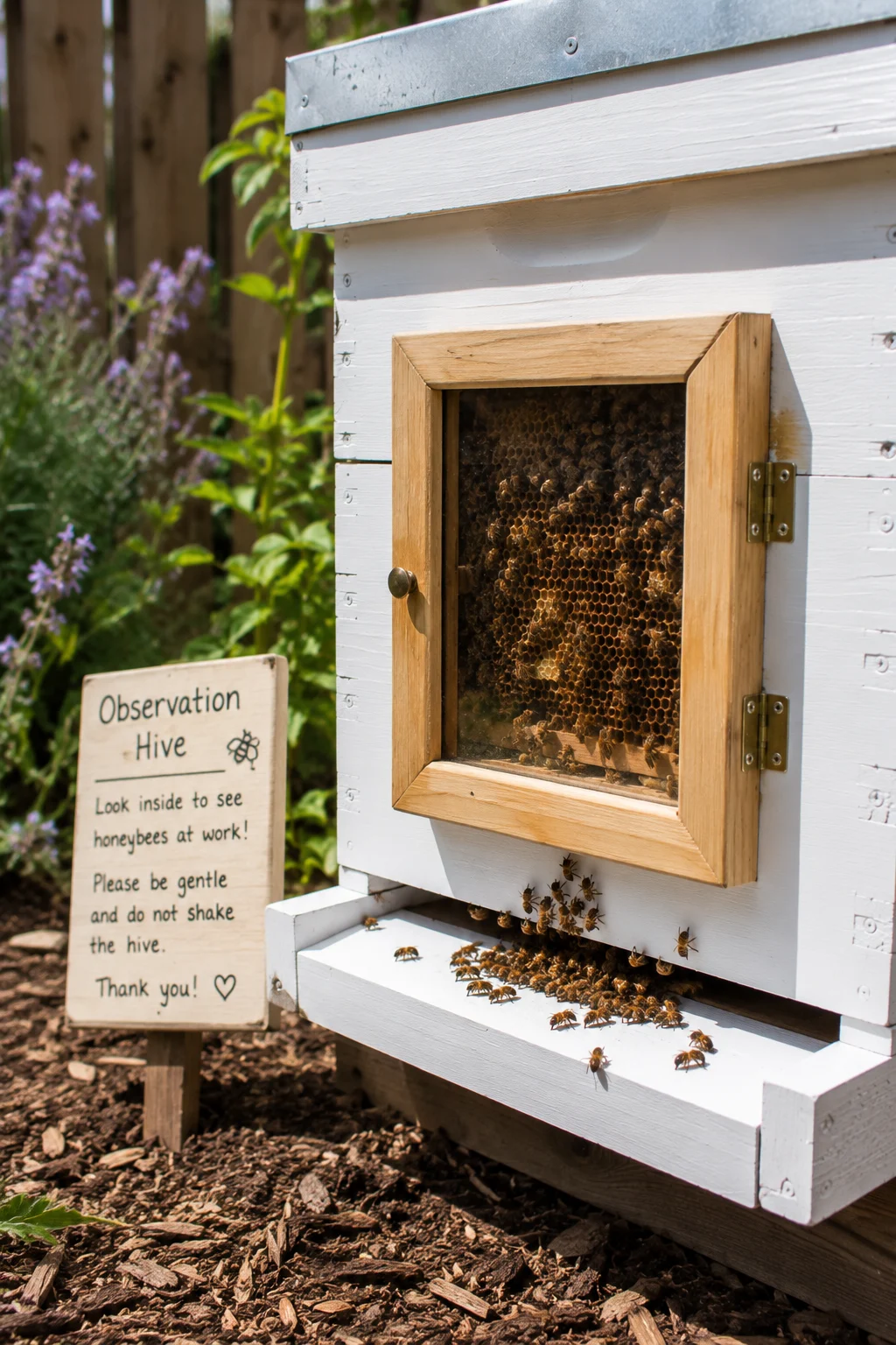 Beehive fitted with an observation window for viewing bee activity
