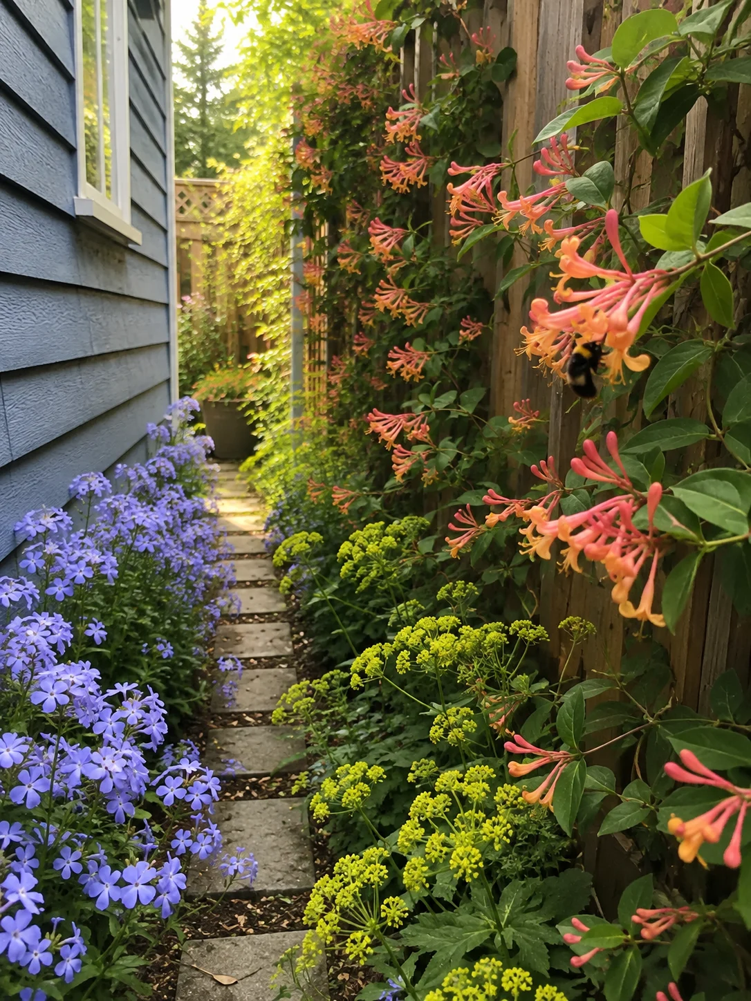 side path pollinator corridor coral honeysuckle wild blue phlox golden alexanders bumblebee narrow shaded garden