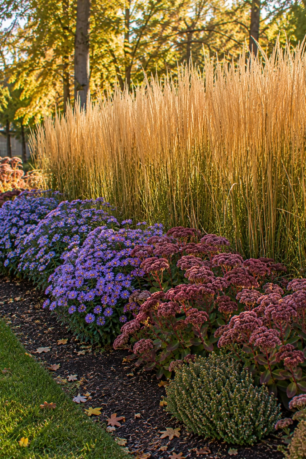 Switchgrass backdrop behind a fall flower bed