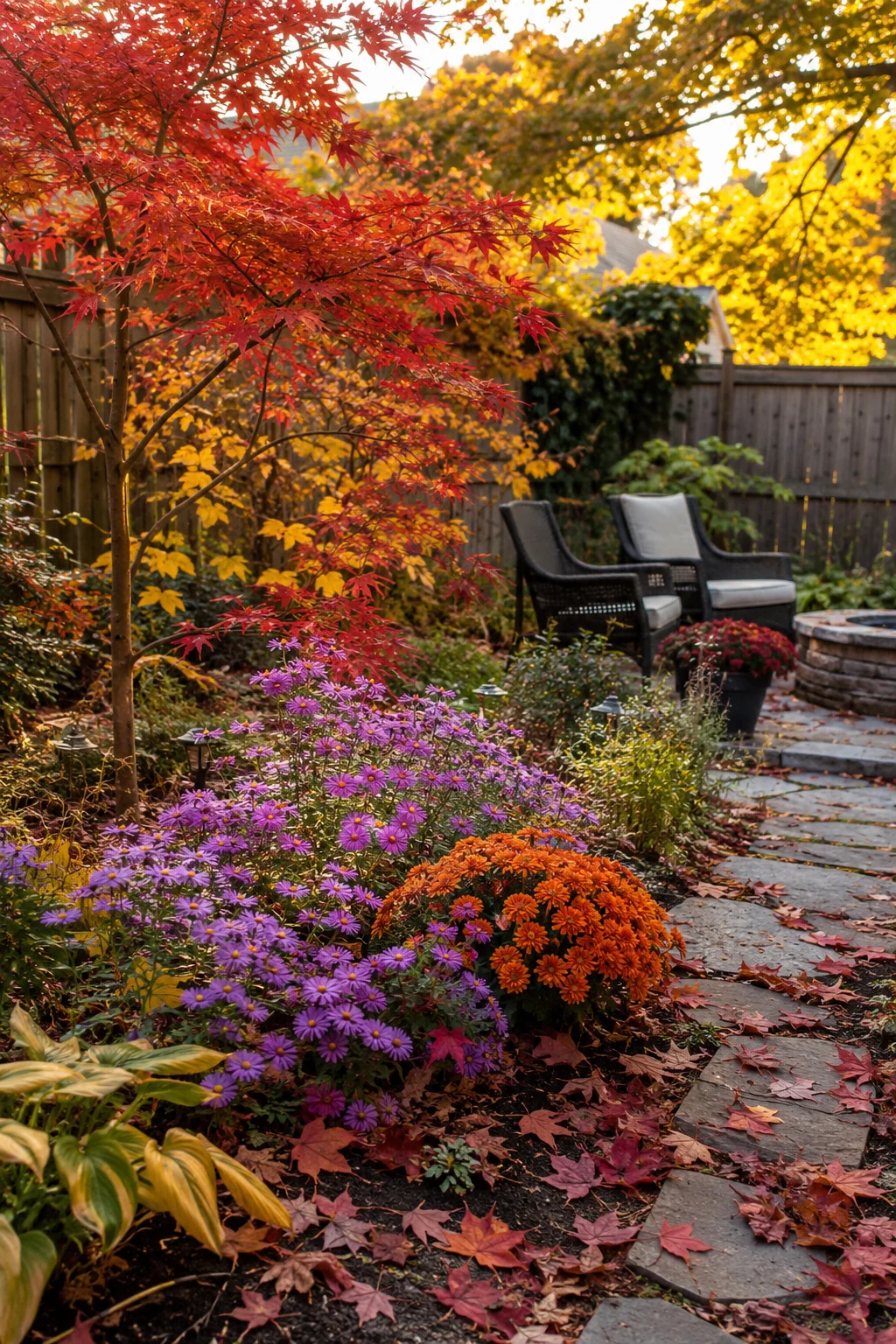 Backyard fall garden with red maple foliage, asters, and mums