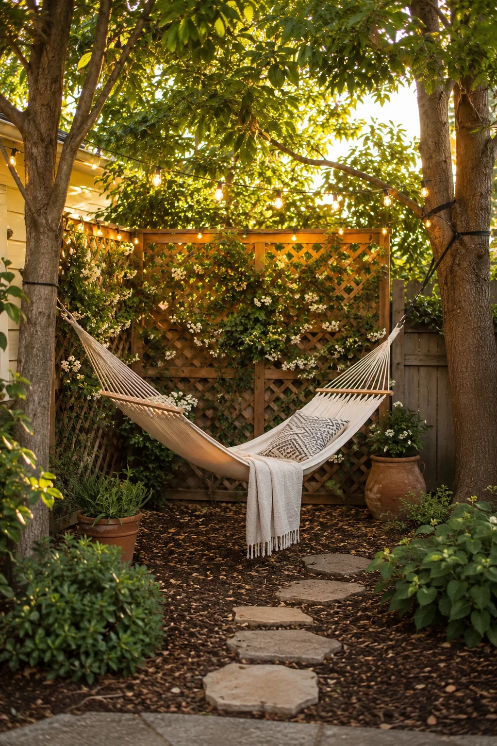 Private backyard retreat corner with a hammock and lattice privacy screen