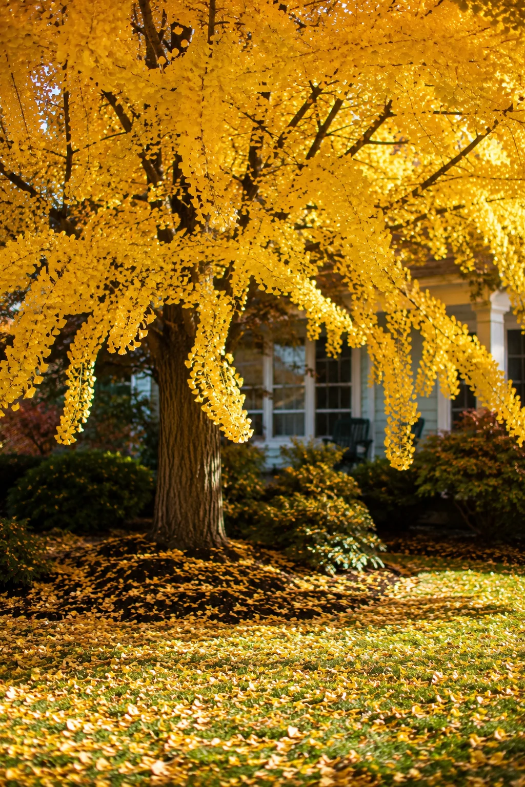 Ginkgo tree with golden fall foliage in a backyard