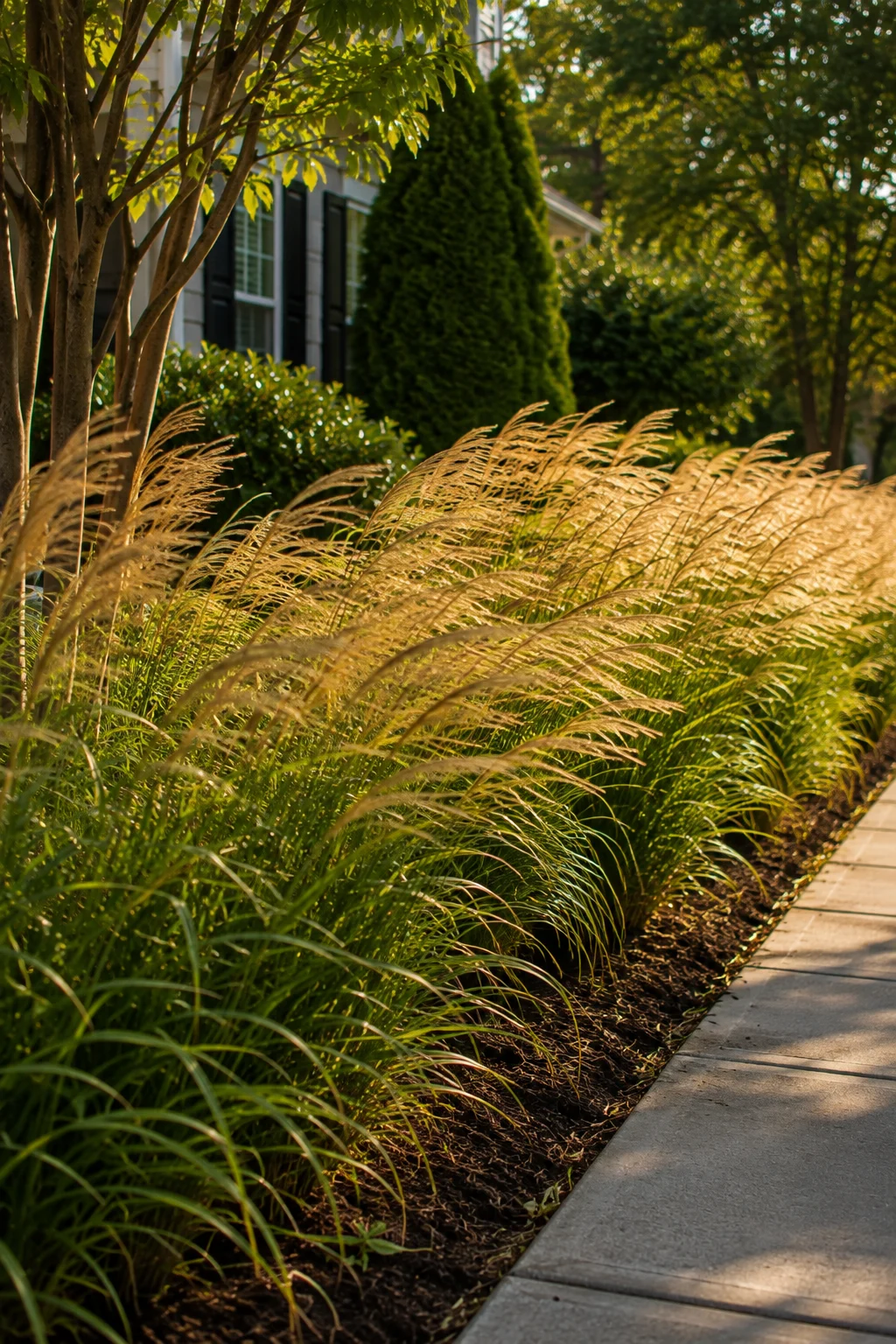 Mass planting of ornamental grass in a low maintenance front yard