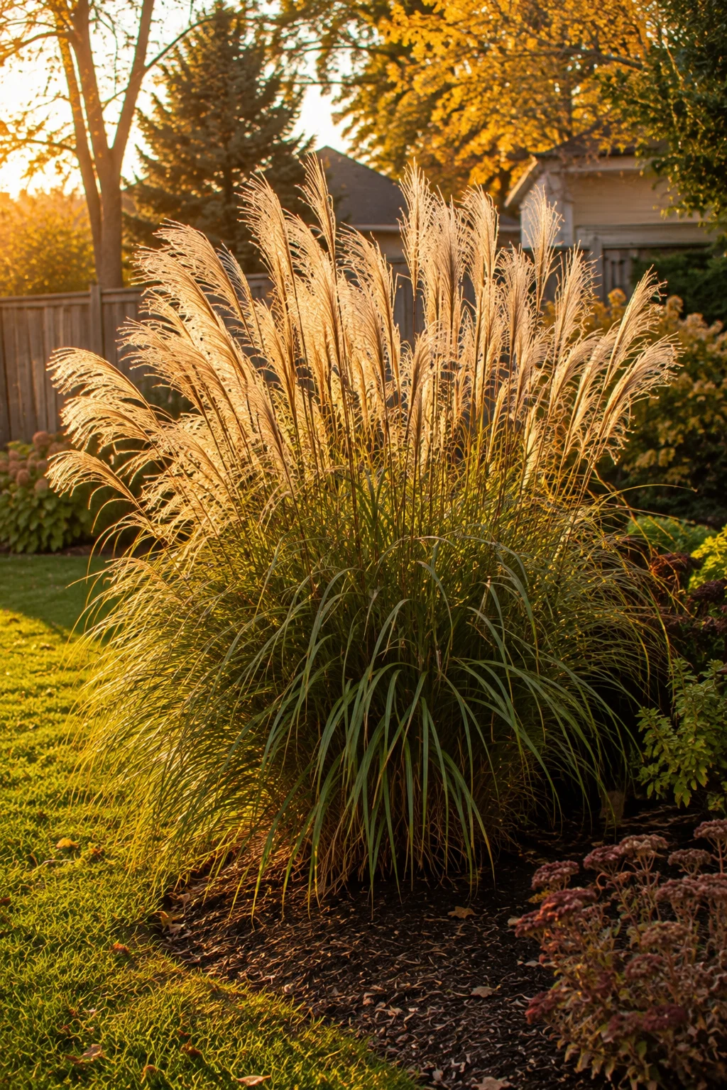 Miscanthus ornamental grass specimen planting in fall
