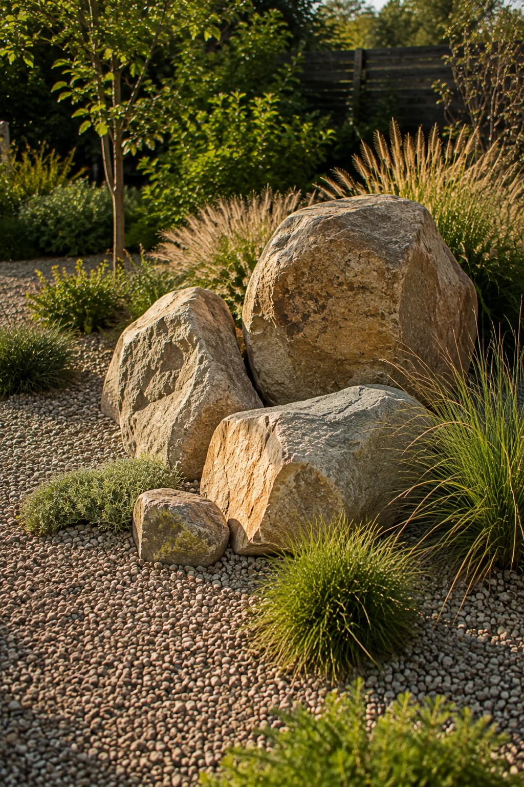 stone boulder accent gravel garden idea