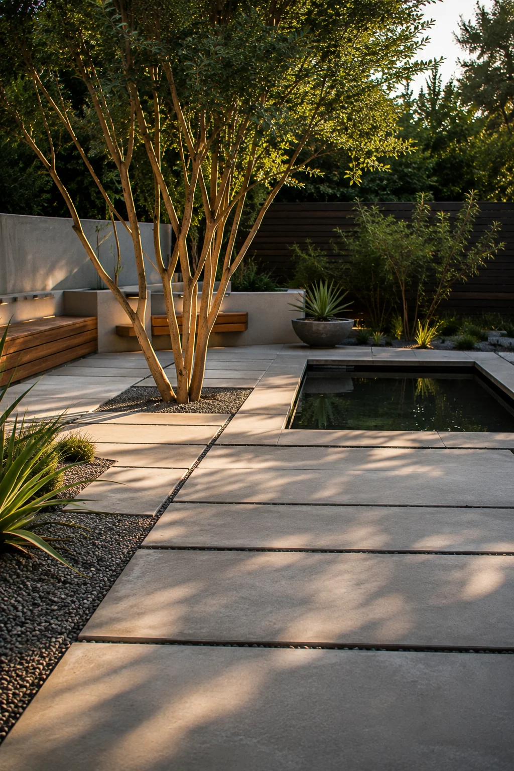modern garden design with concrete pavers and reflecting pool