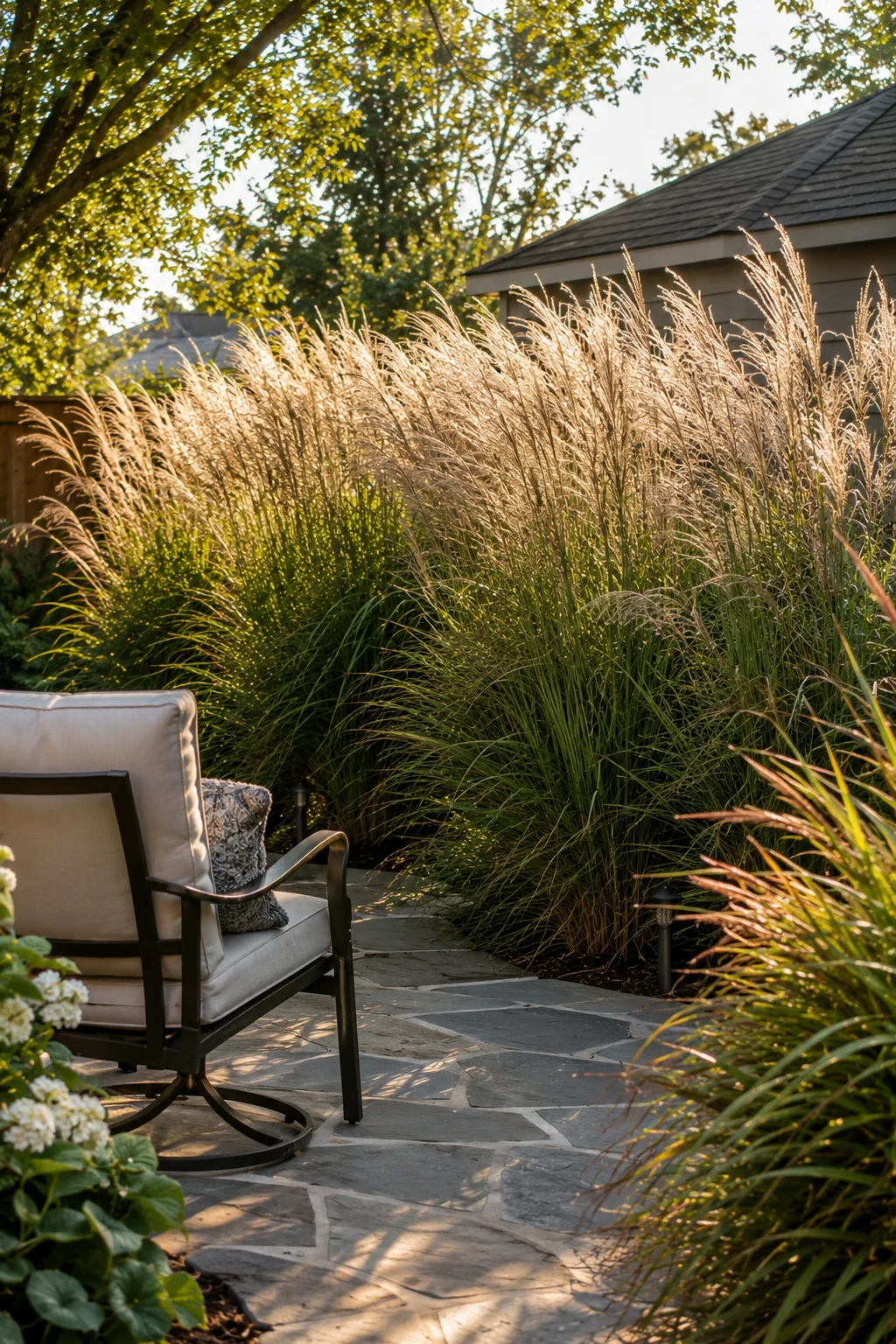 Tall ornamental grass border providing privacy for a backyard retreat