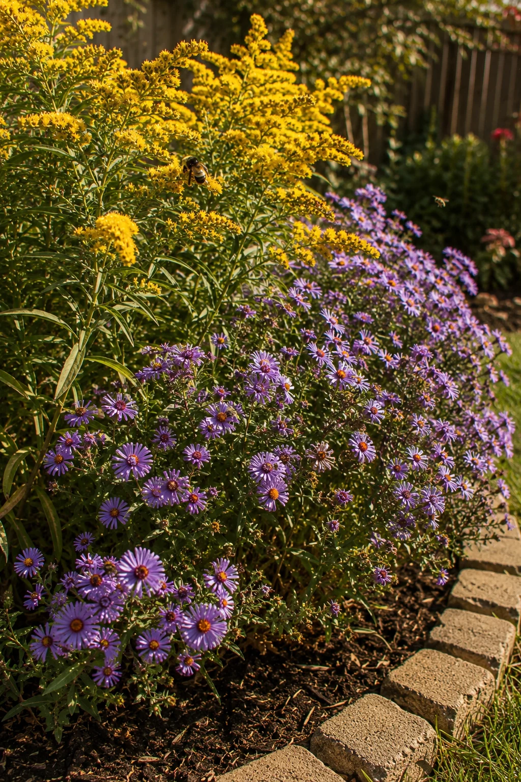 Bee-friendly late bloom corner with aster and goldenrod in fall