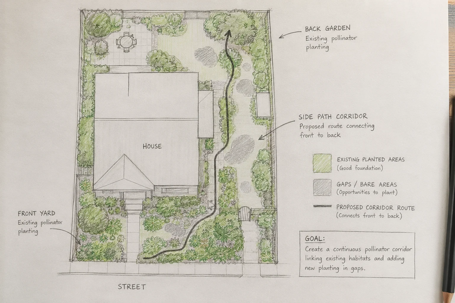 pollinator corridor garden mapping sketch existing planting gaps proposed route planning suburban property