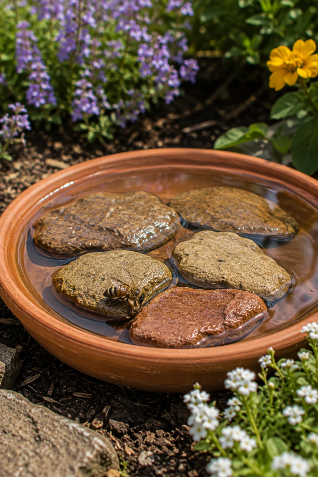Shallow bee bath with stones in a backyard pollinator garde