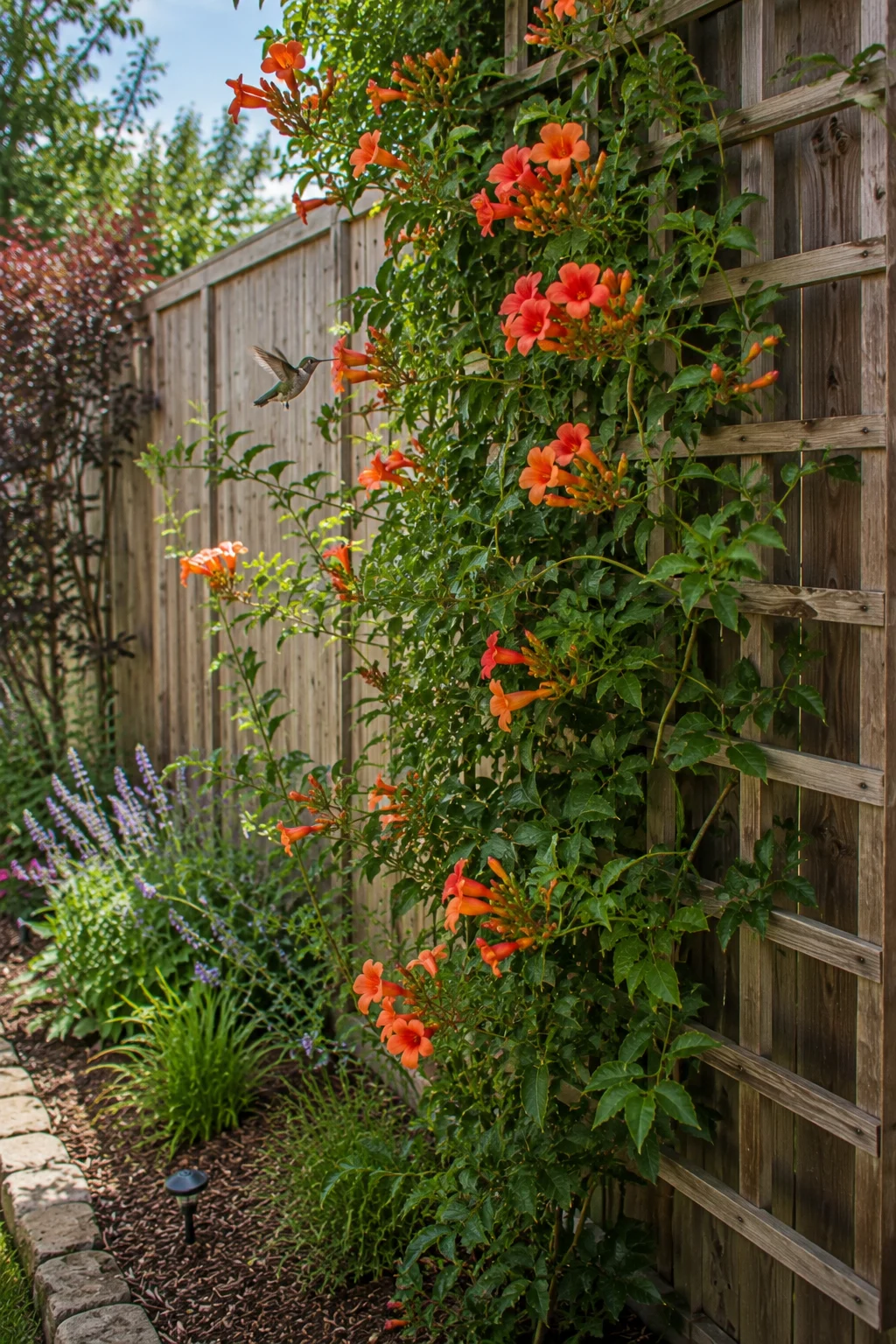 Flowering trumpet vine climbing a trellis for pollinators