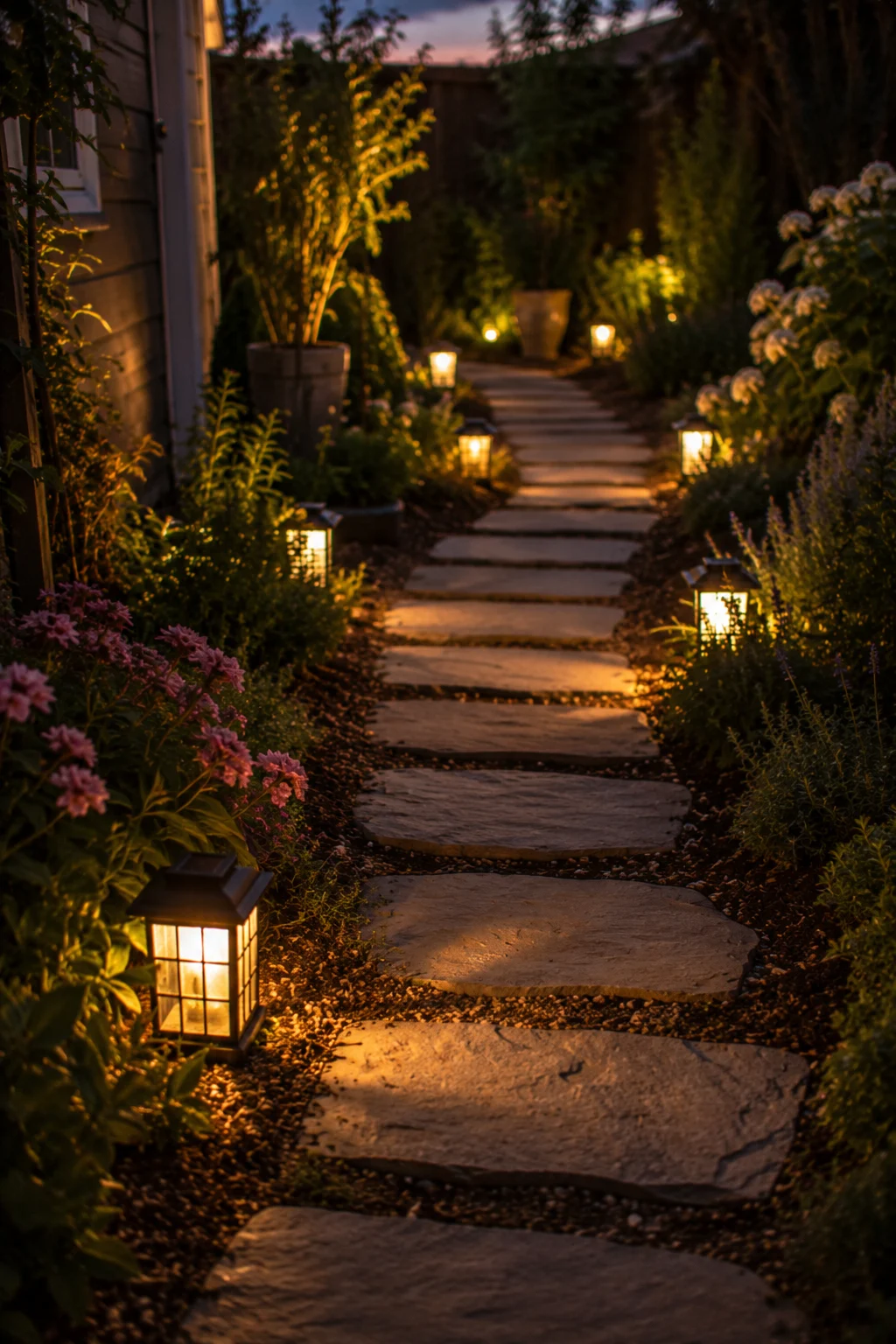 Lantern-lined path leading to a private backyard retreat