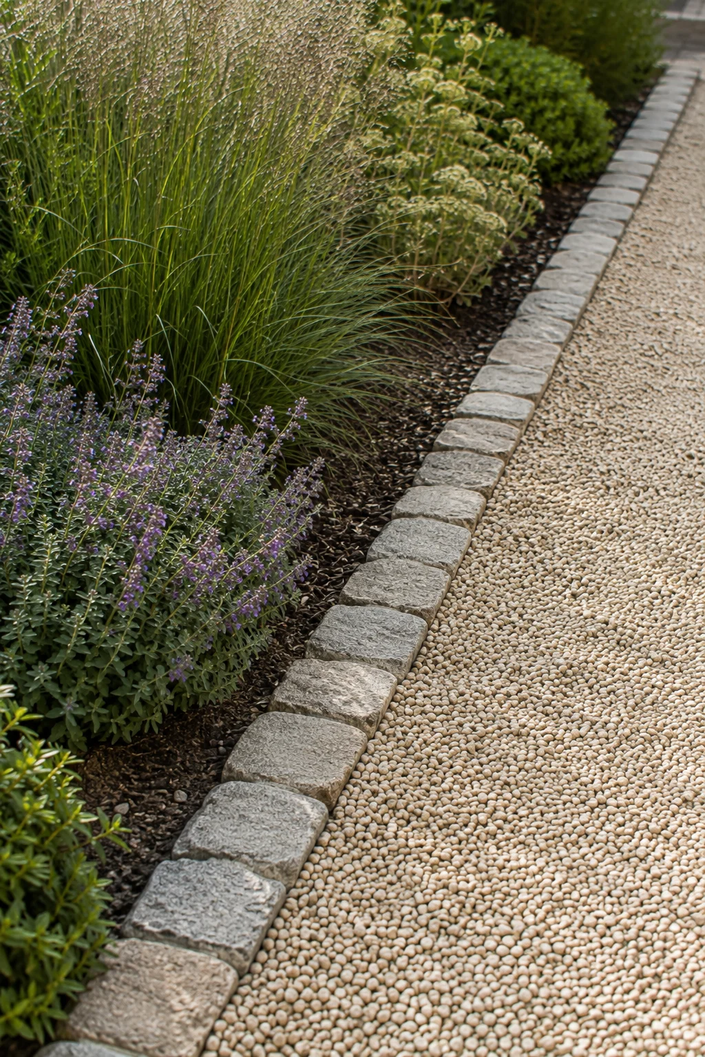 cobblestone edge trim gravel garden idea
