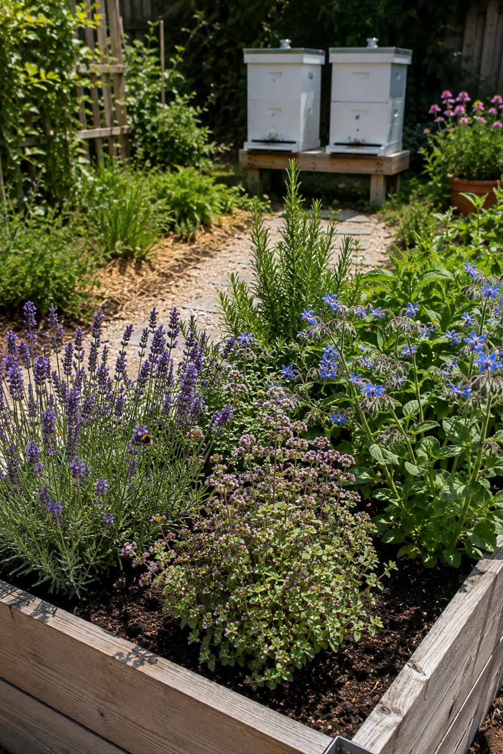 Herb garden bed planted adjacent to backyard beehives