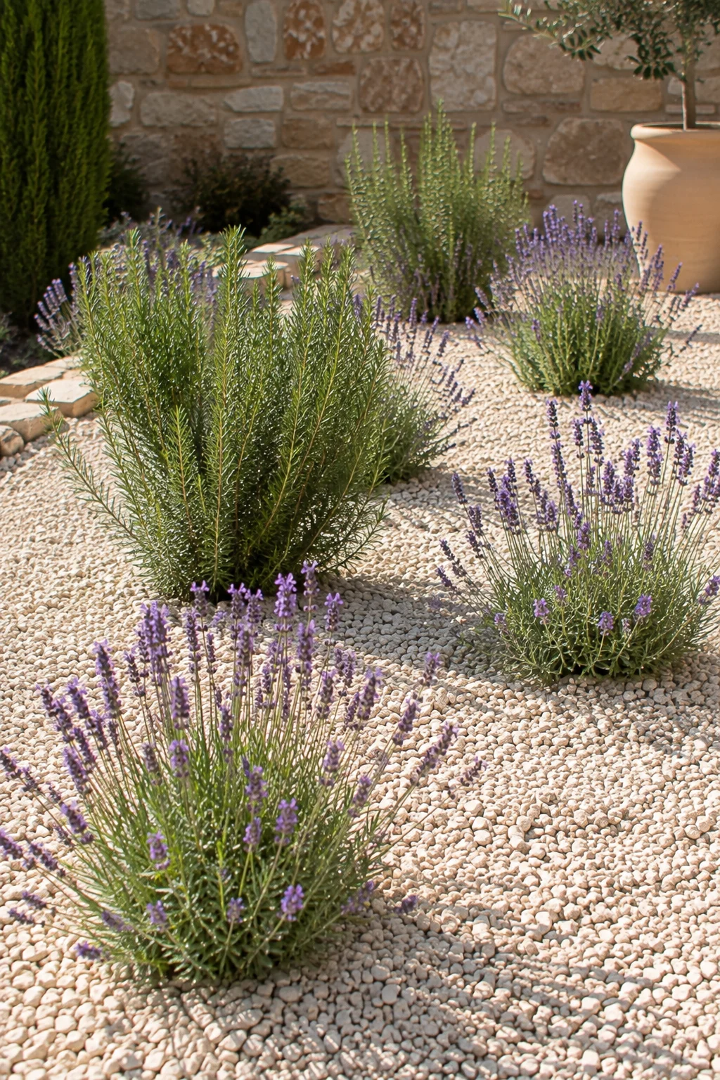 Mediterranean dry planting gravel garden idea