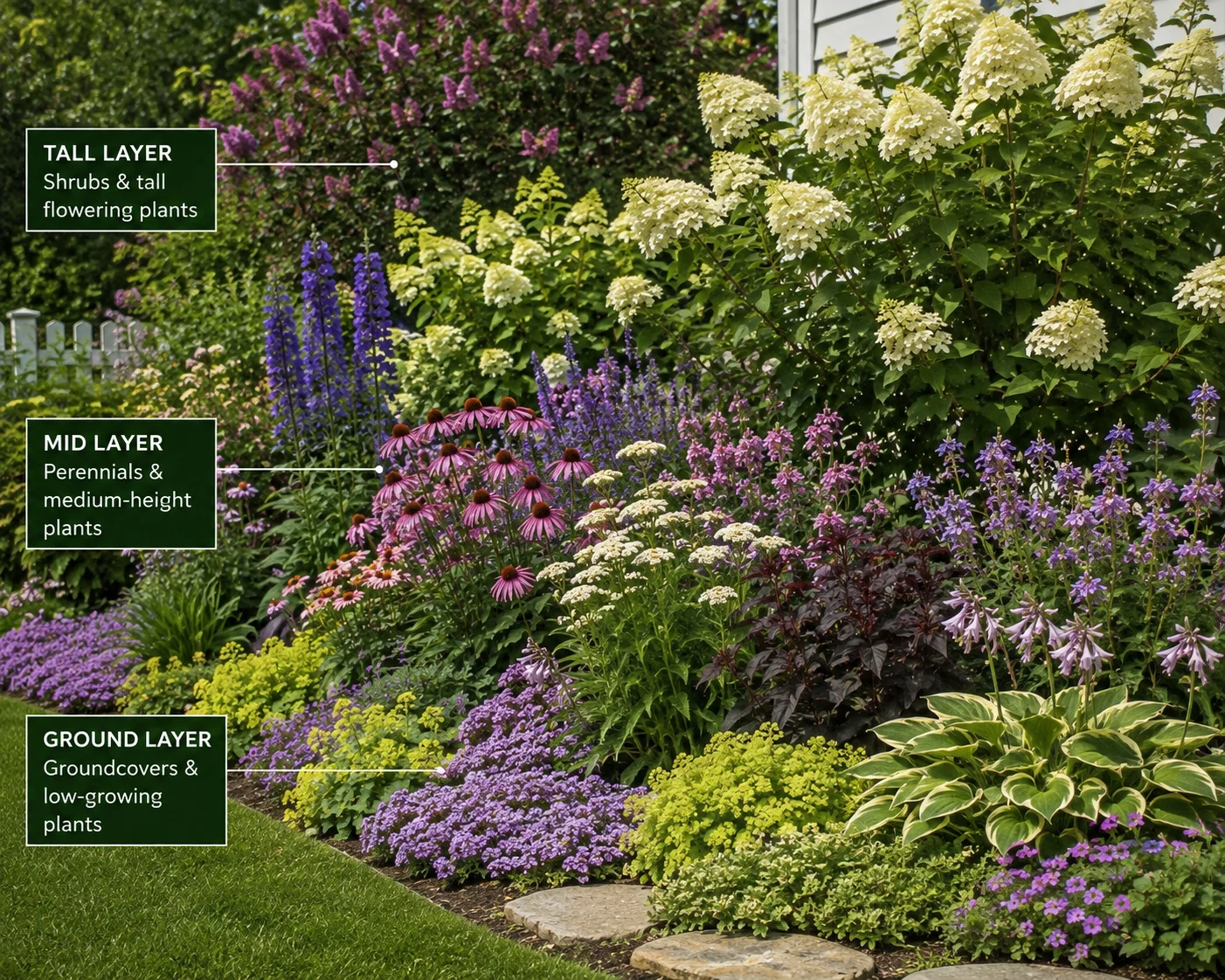 layered pollinator garden design with ground cover shrubs and perennials