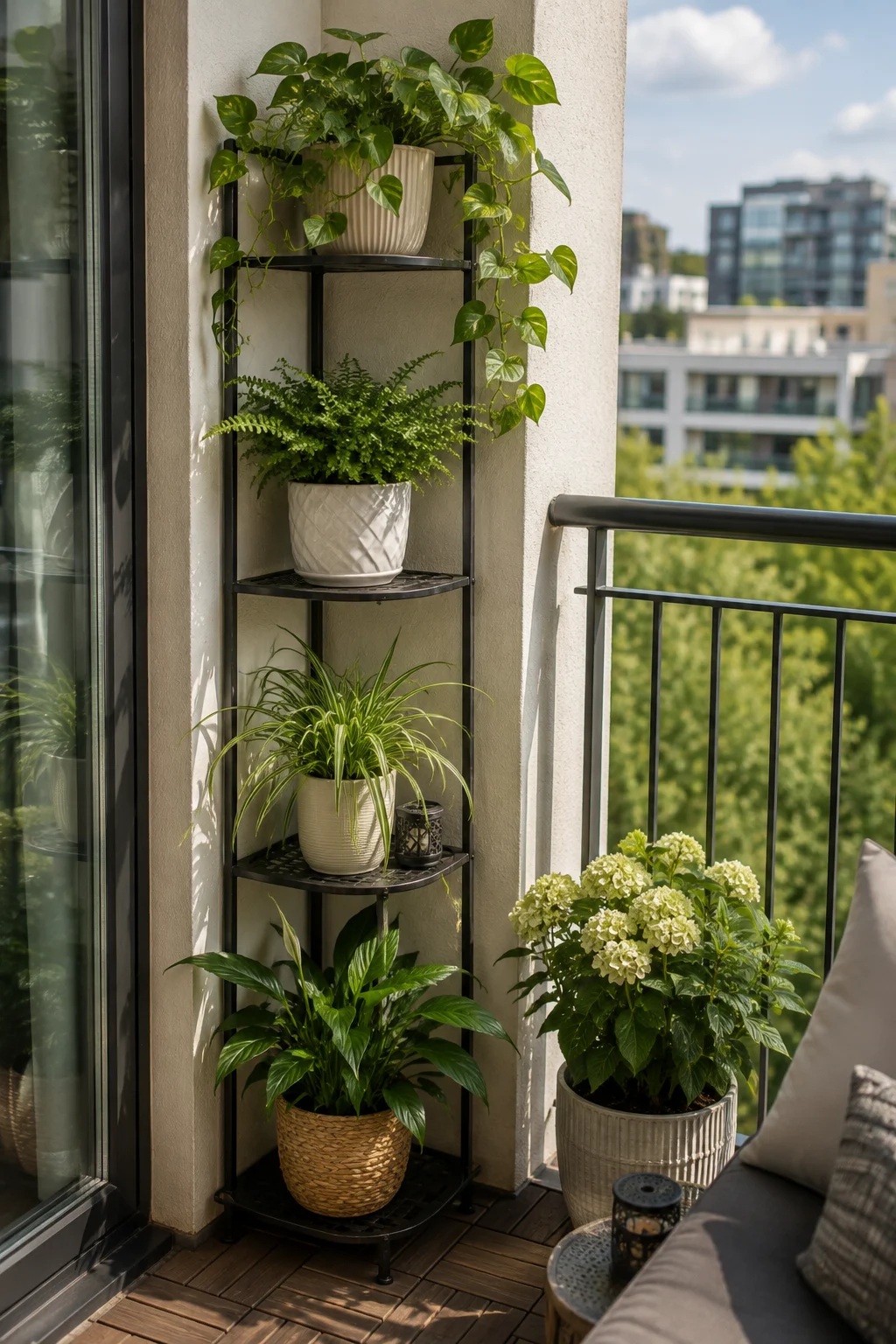 corner shelving unit balcony garden idea