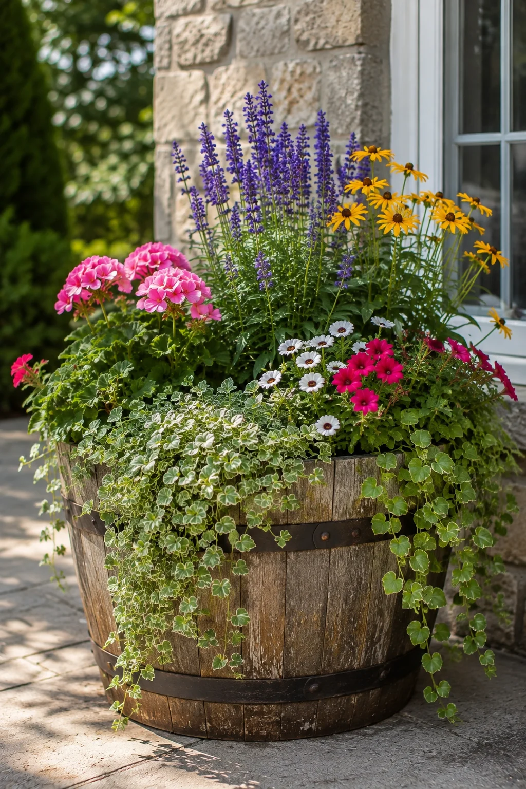 wooden barrel planter container garden idea