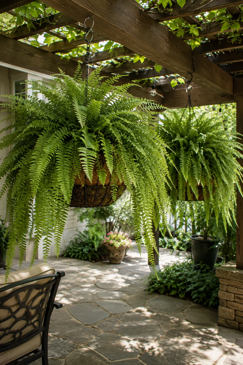 Hanging fern baskets suspended from a patio pergola