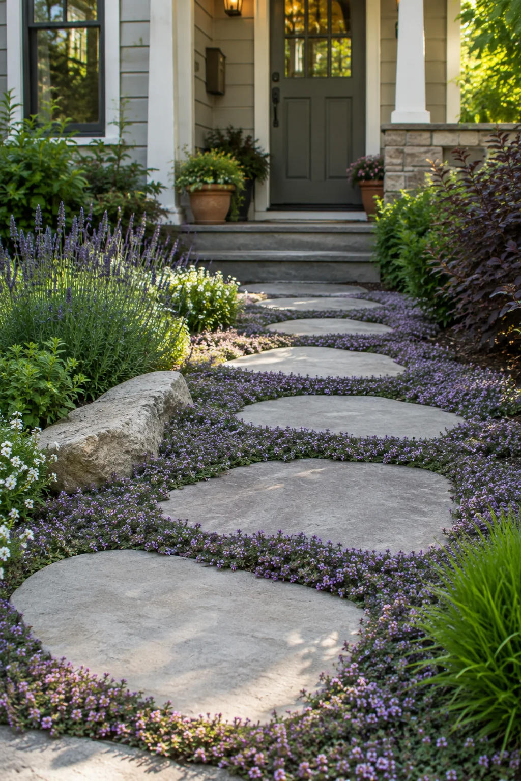 Stepping stone entry walk set into groundcover in a front yard