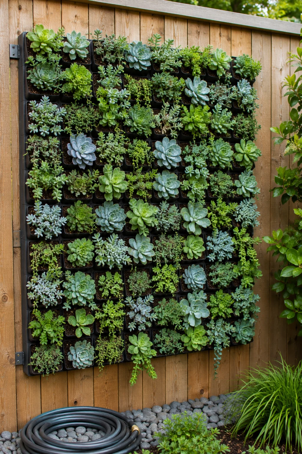 Modular succulent living wall mounted on a backyard fence