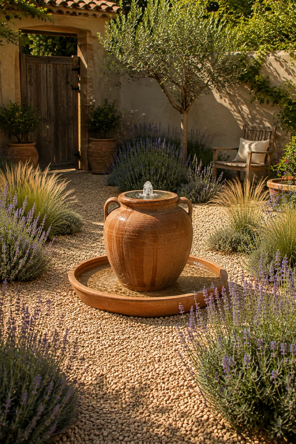 water feature gravel courtyard garden idea