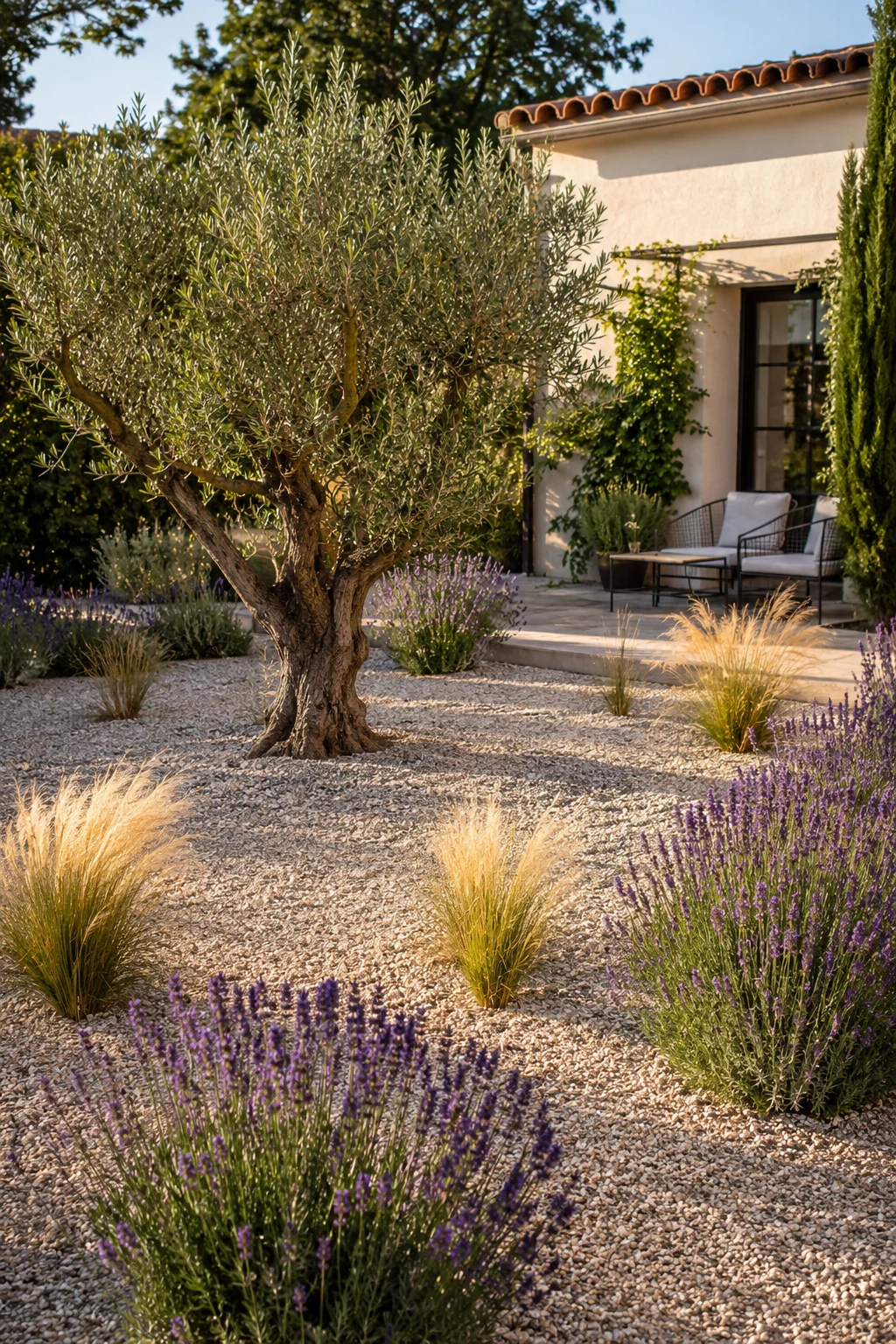 gravel garden courtyard with drought tolerant planting