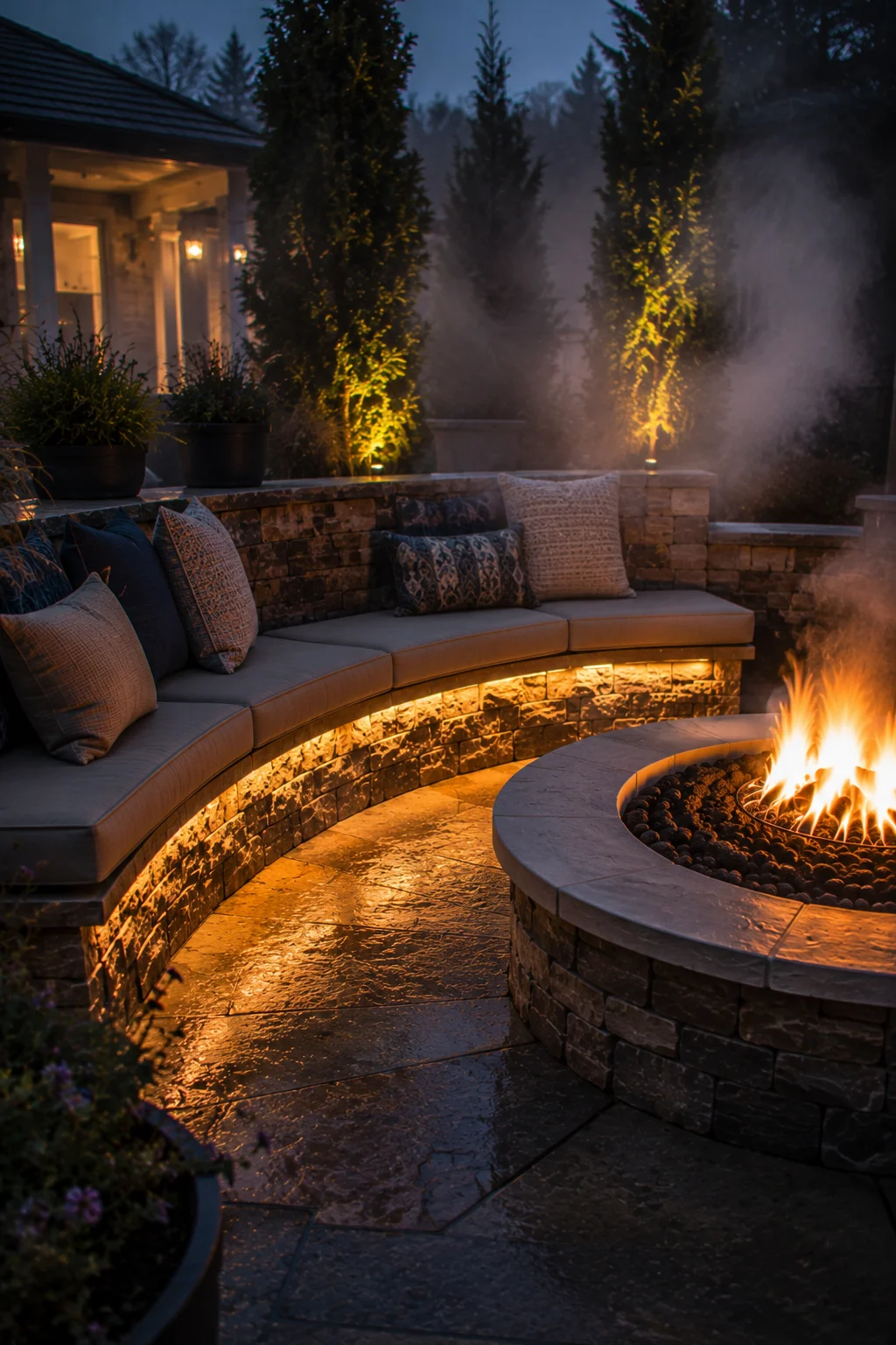 heated built in bench fire pit seating idea