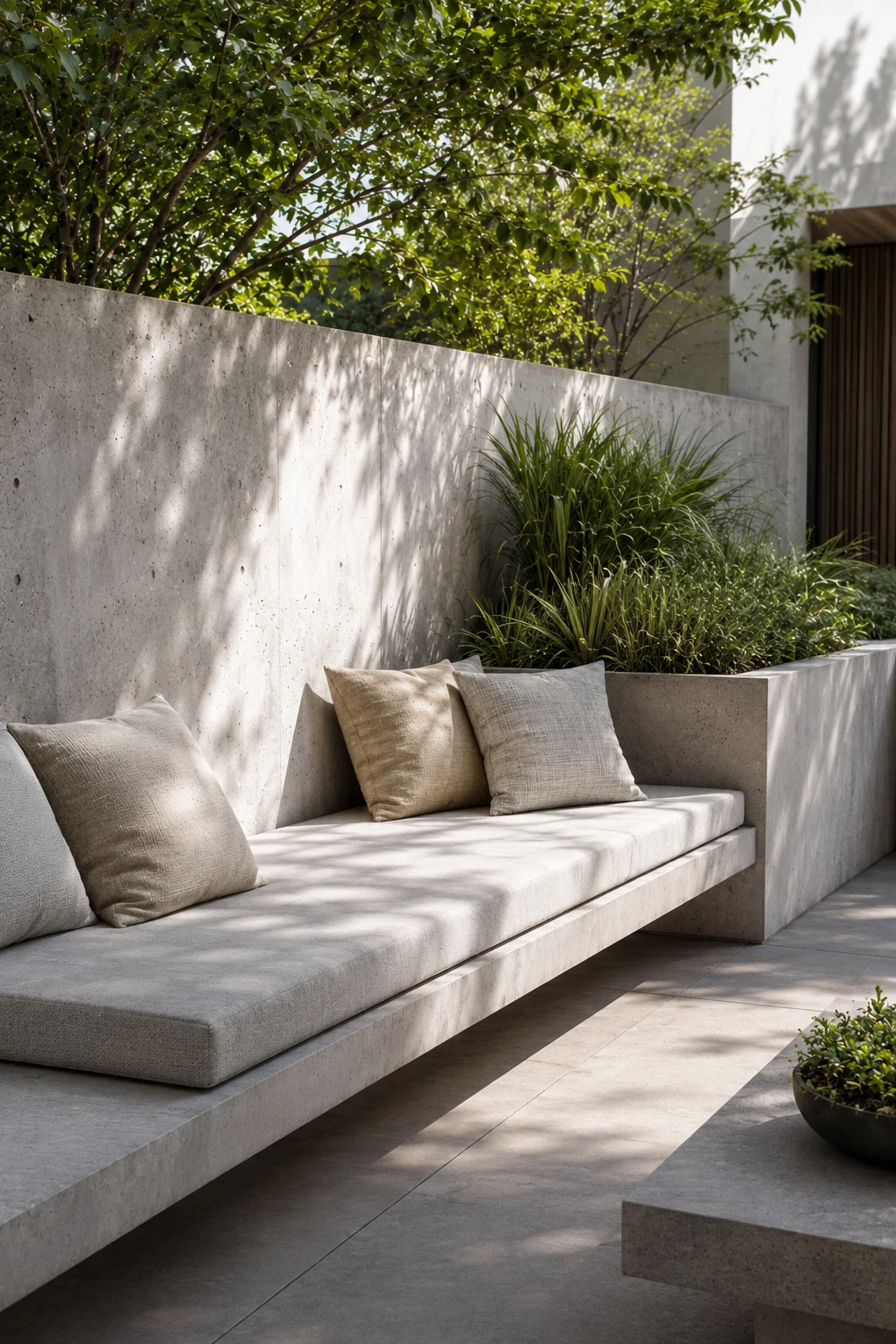built in concrete bench modern garden idea