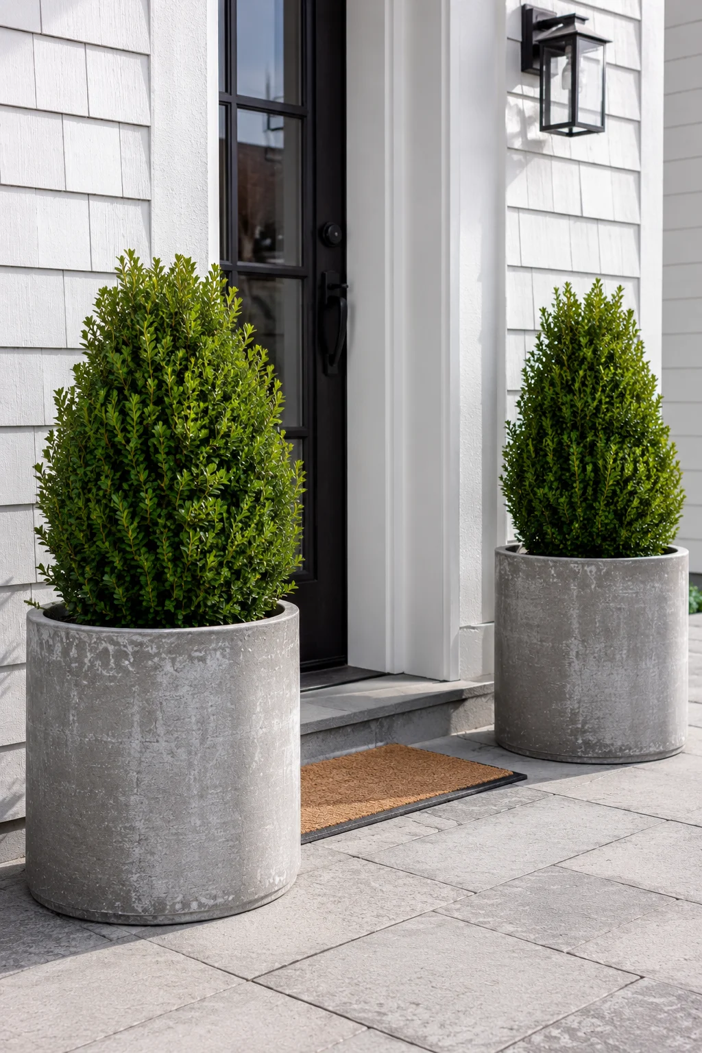 Concrete cylinder planters with boxwood flanking a patio doorway
