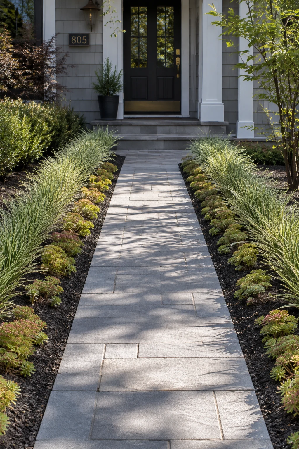 Paver path flanked by minimal planting beds in a front yard