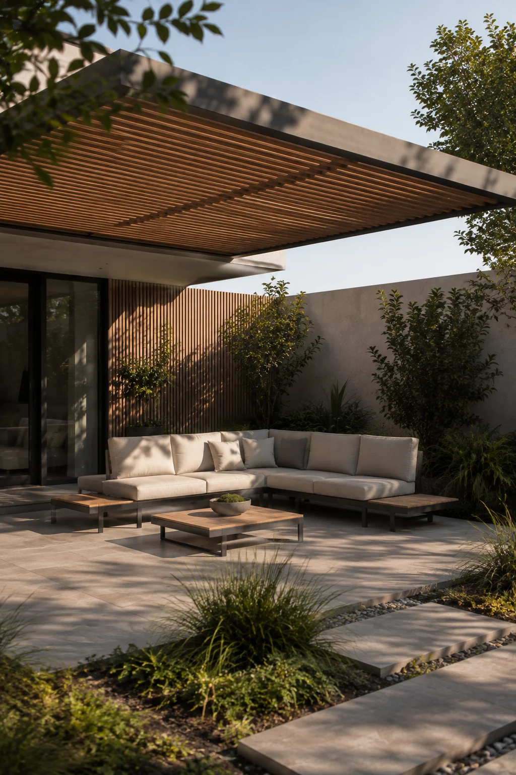 cantilevered shade structure modern garden idea