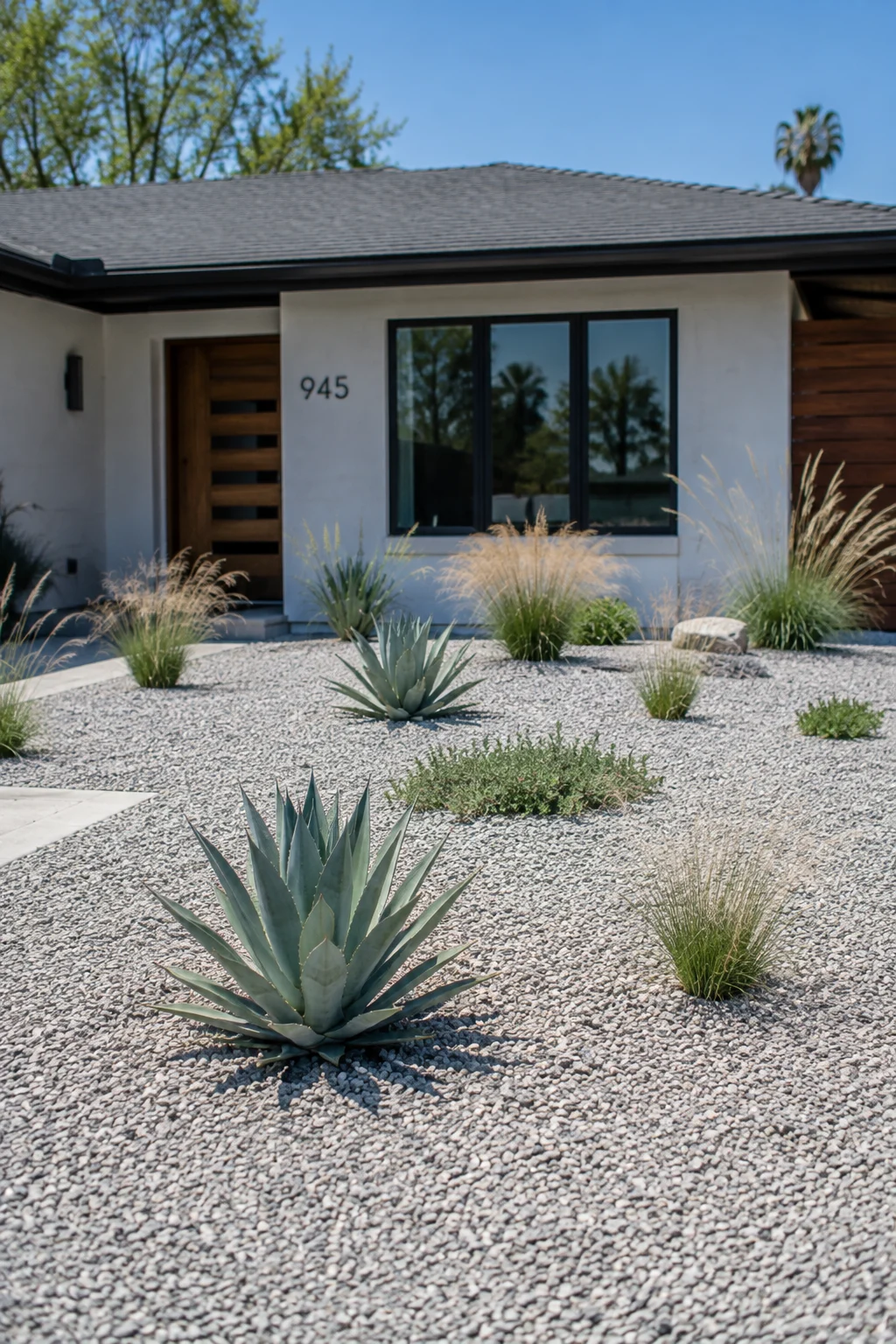 Gravel front yard conversion with scattered drought-tolerant plants