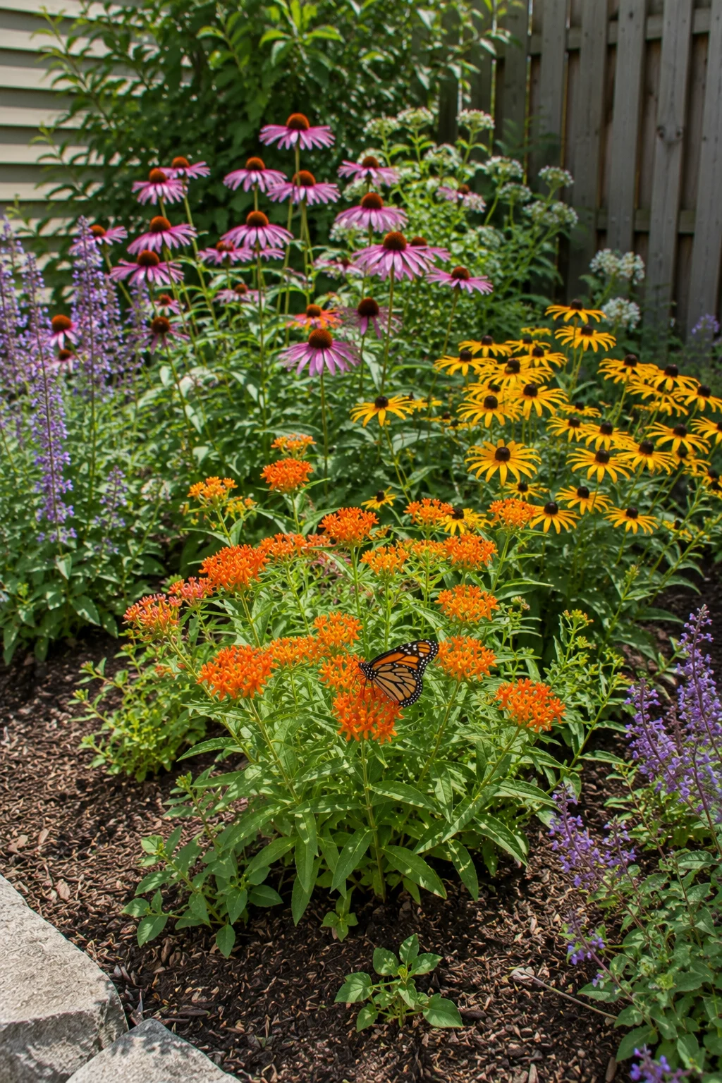 Native perennial mix planted for pollinators in a small garden bed