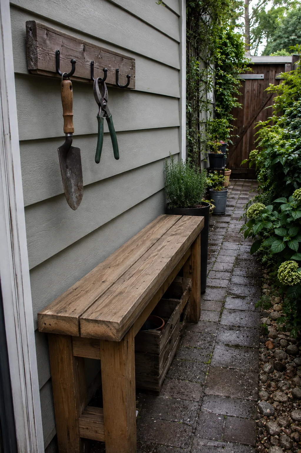 Tool nook bench with hanging hooks in a narrow side yard