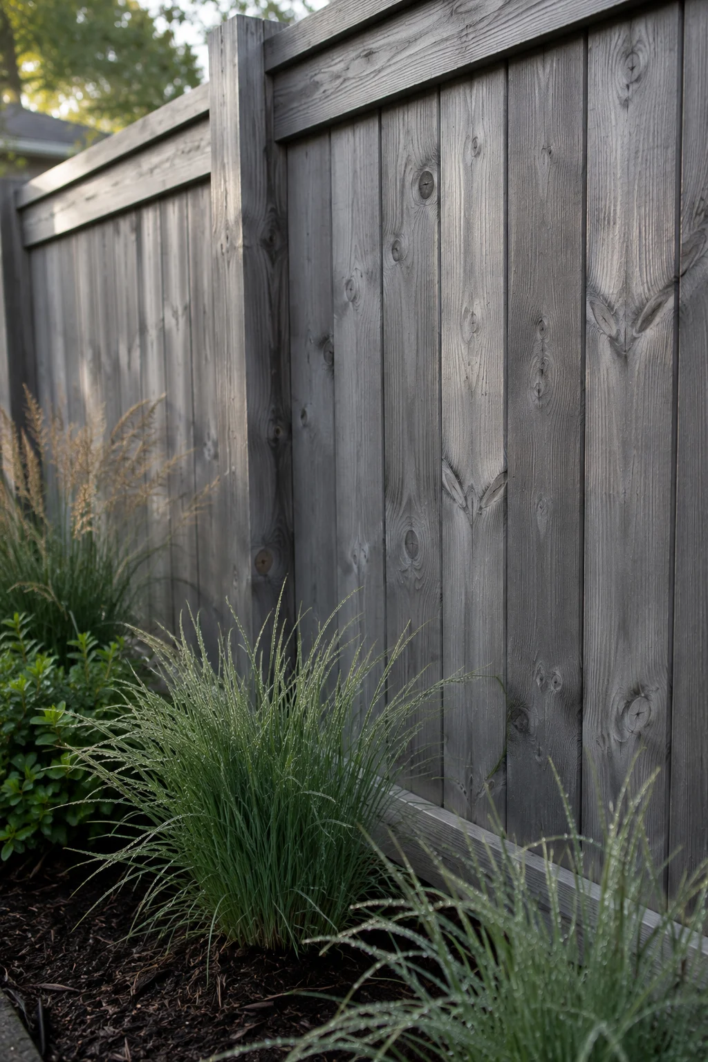 Weathered gray stained wood fence with ornamental grasses along the base