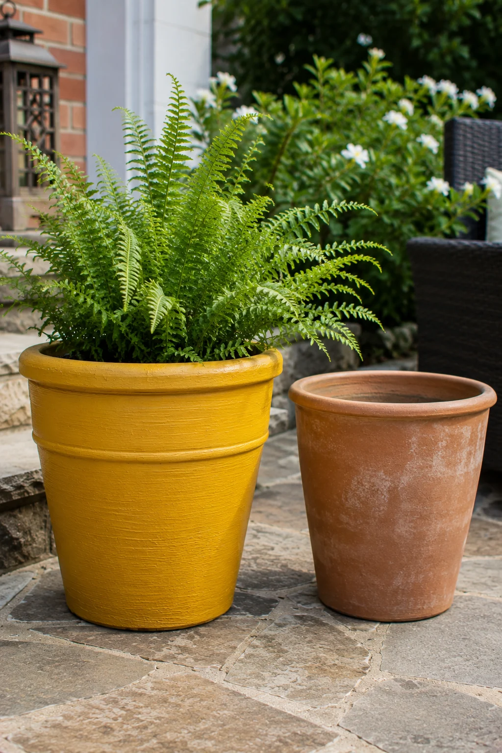 Terracotta pot painted mustard yellow on a patio