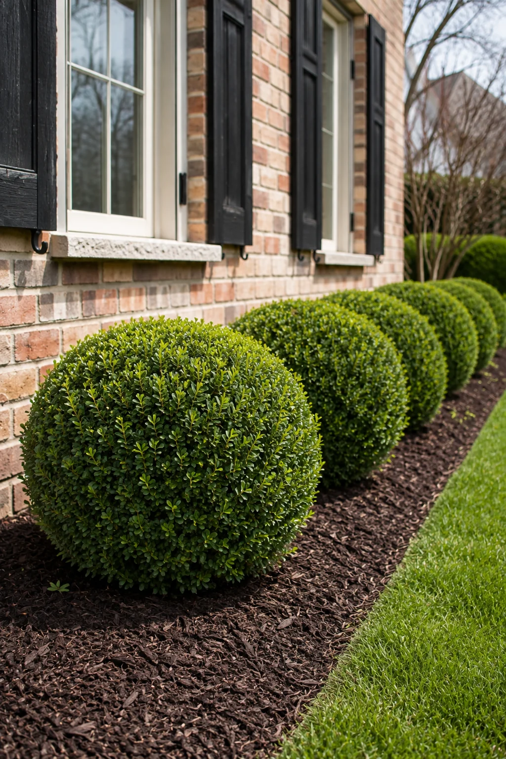 Evergreen boxwood shrub foundation planting in a front yard